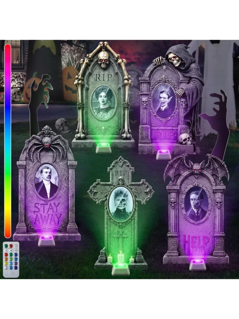 21.65 Inch Halloween Tombstones 3D Changing Face with Light, 5 Pack